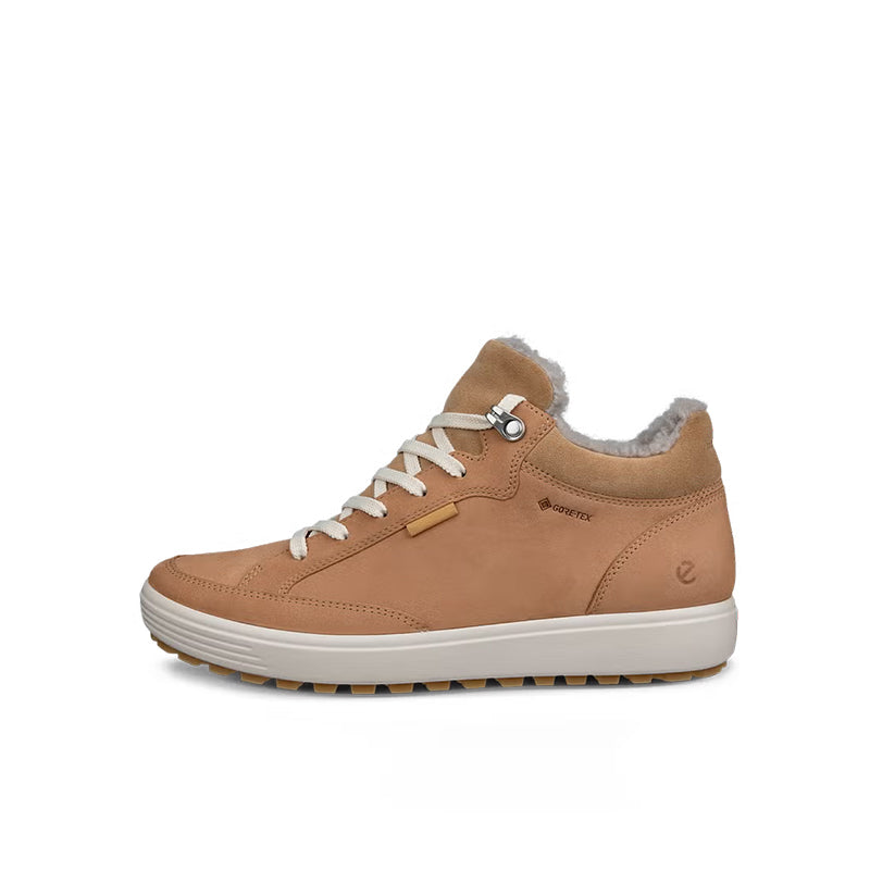 Women’s mid-cut tan nubuck lace-up boots with fur-lined collar