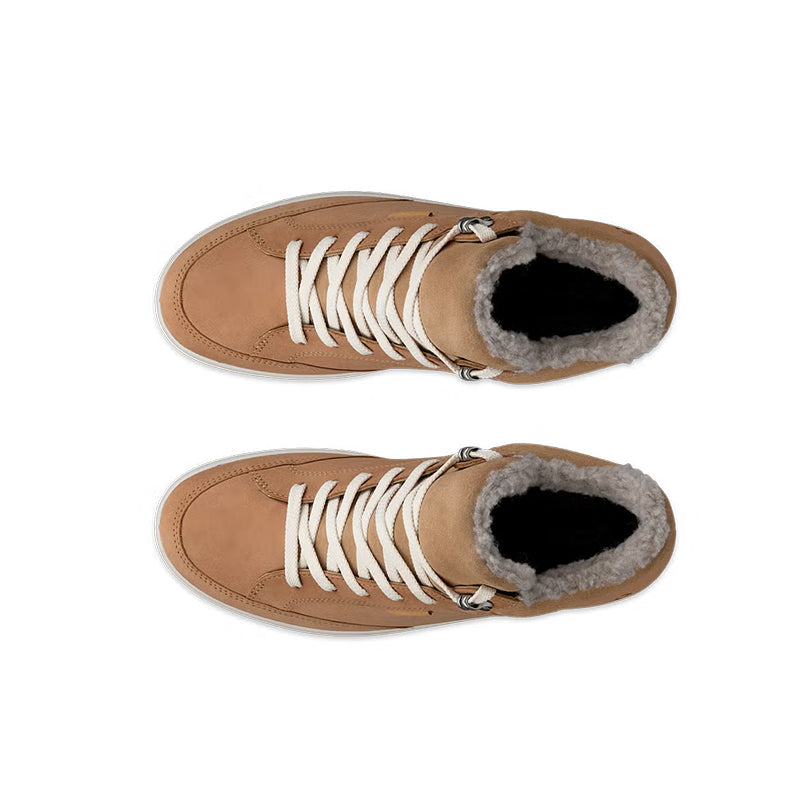 Pair of tan boots with white laces and gray fur lining at the cuff
