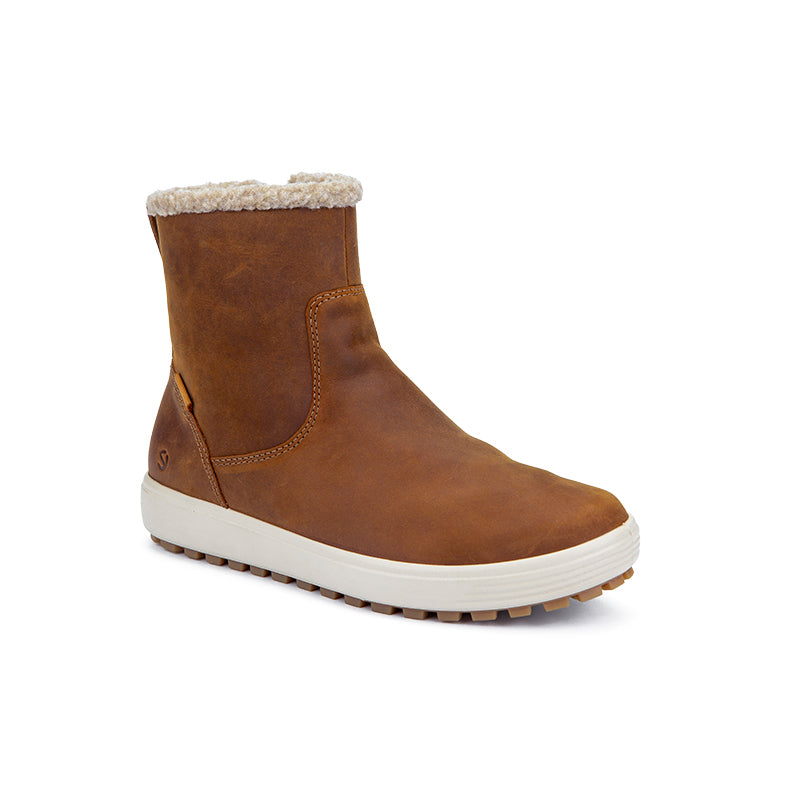 Women's brown suede ankle boots with shearling collar and cushioned sole.
