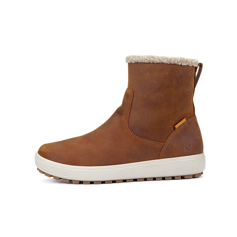 Women's brown suede pull-on boots with shearling lining and side elastic panels.