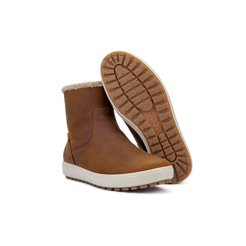Women's brown suede ankle boots with shearling cuff and treaded outsole.