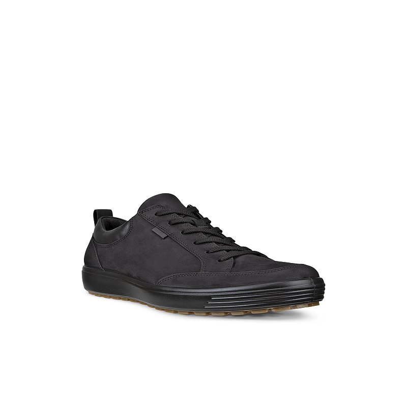 Men's black leather low-top sneaker with lace-up front and cushioned sole.
