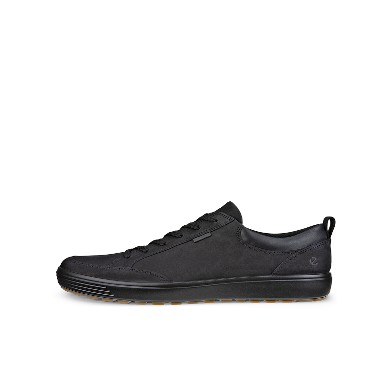 Men's black leather lace-up sneaker with padded collar and side panel stitching.