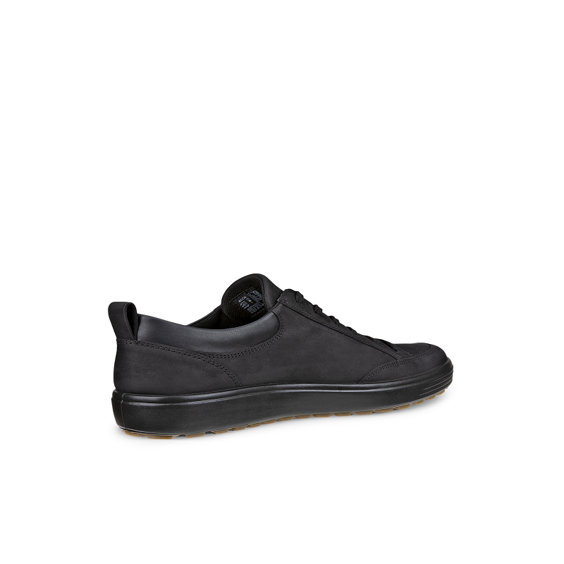 Men's black leather low-top sneaker with lace-up closure and rubber outsole.