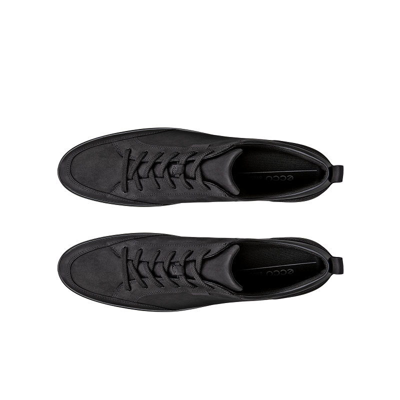 Black leather sneaker pair, top views with lace-up design and textured sole.