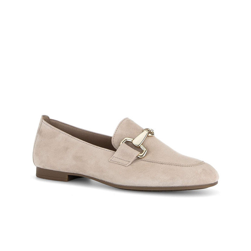 Women's suede loafer in taupe with side buckle detail and low block heel