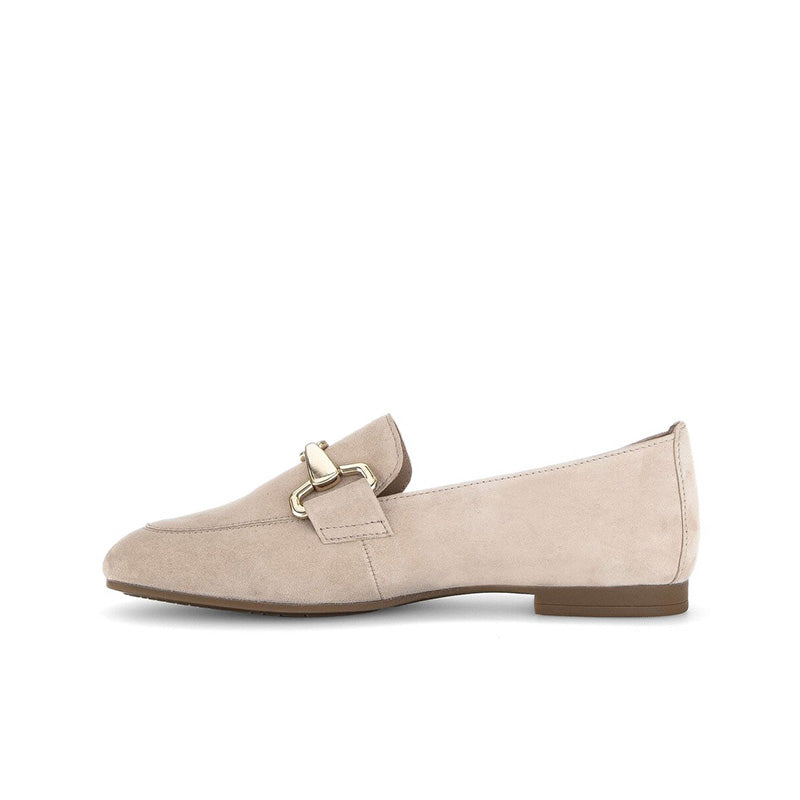 Women's suede slip-on loafer, taupe color, side buckle strap and low block heel