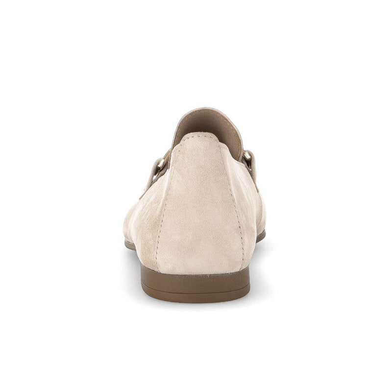 Women's taupe suede loafer with squared back and metal side buckle detail