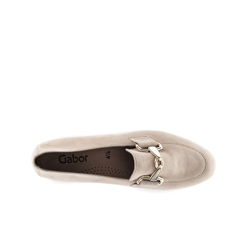 Women's suede loafer in taupe with side metal buckle and visible insole branding