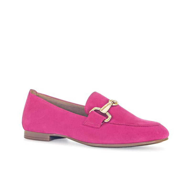 Women's suede loafer in bright pink with side buckle strap and low block heel