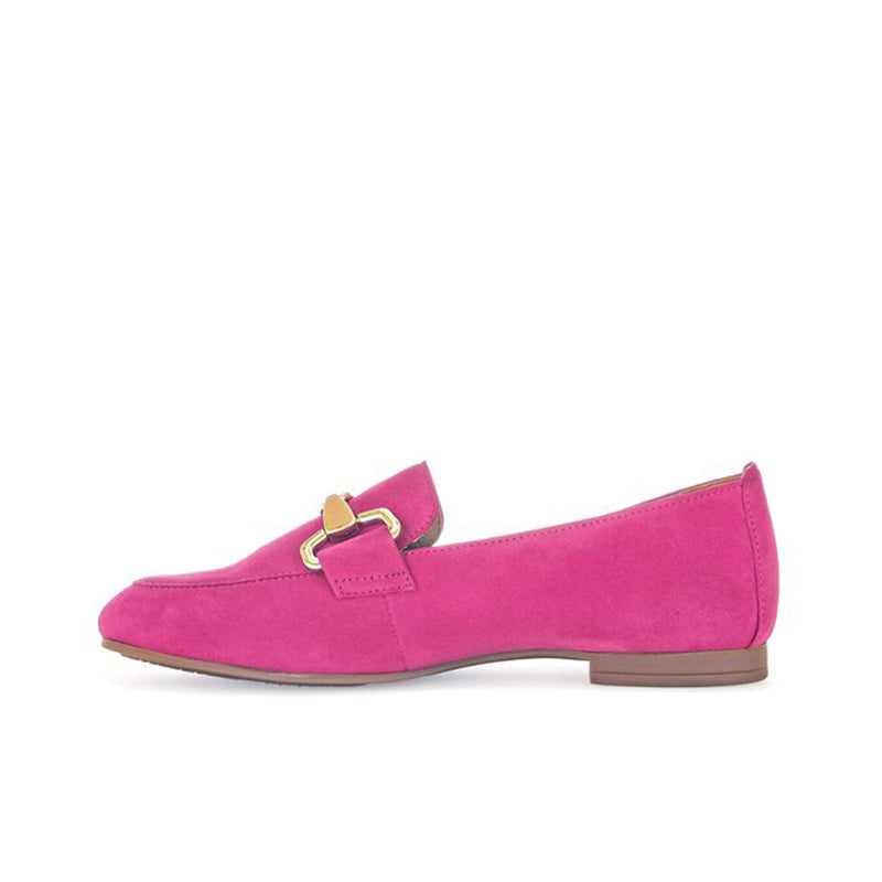 Women's pink suede slip-on loafer with side buckle detail and low block heel