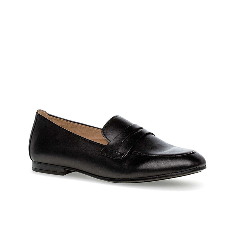 Black leather loafer with penny-style strap across the vamp and low stacked heel