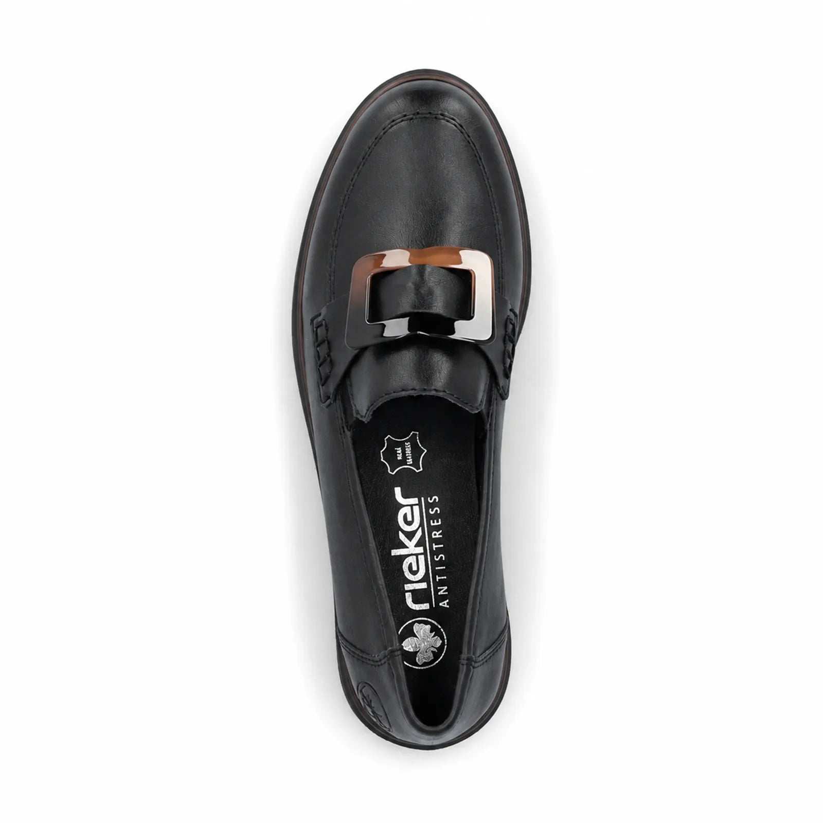Rieker women's black loafers side angle view showing classic loafer shape and flat sole design