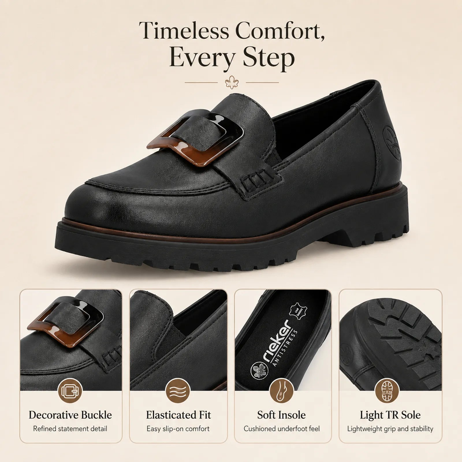 Rieker women's black loafers close up detail showing synthetic upper, decorative buckle and outsole grip