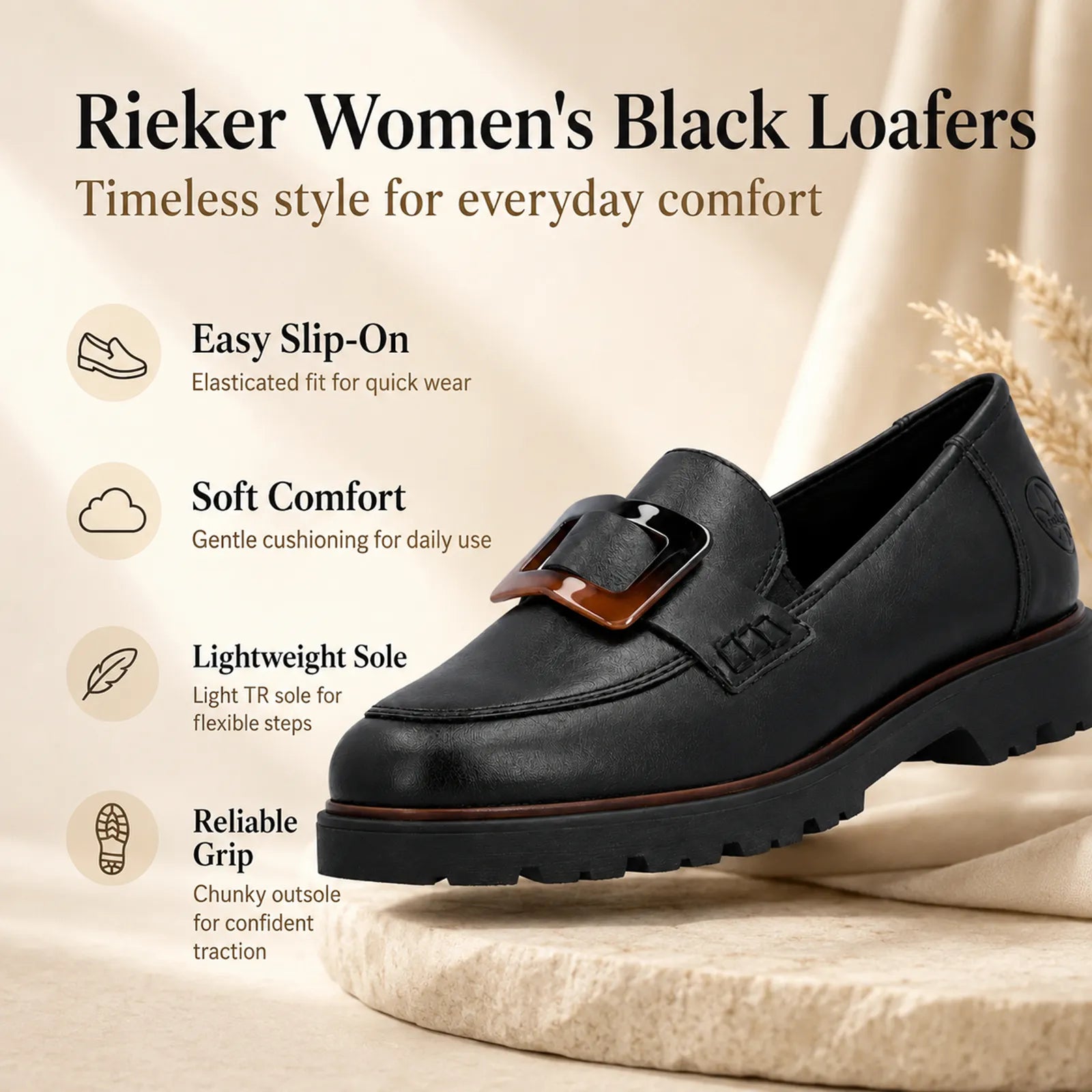 Rieker women's black loafers showing soft insole, elasticated fastening and lightweight TR sole features