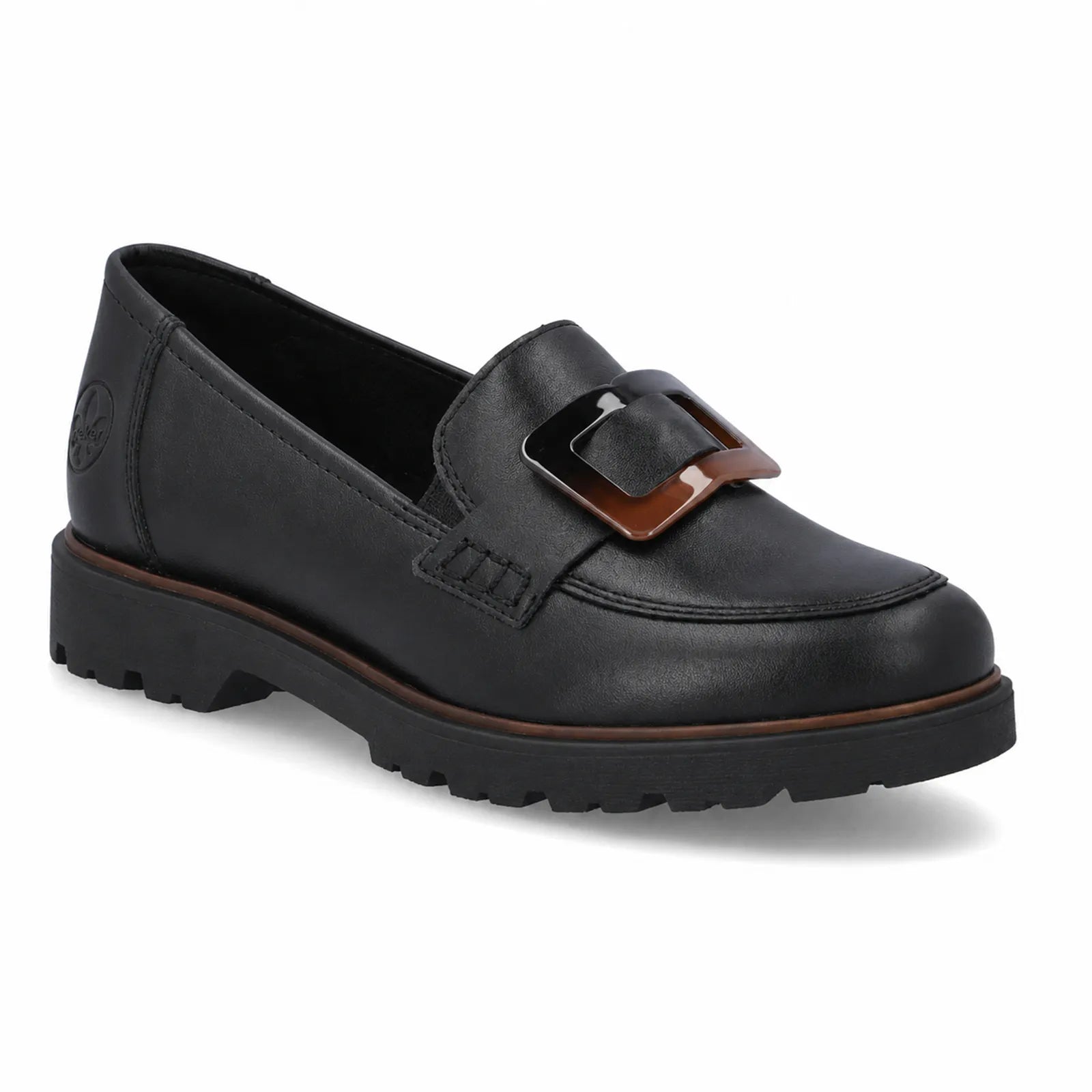 Rieker women's black loafers with decorative buckle detail and lightweight TR sole, main product view
