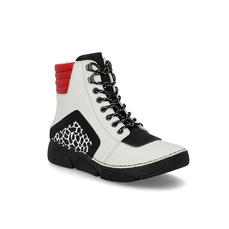 Women's ankle boots in white with black trim and red heel pull, lace-up front