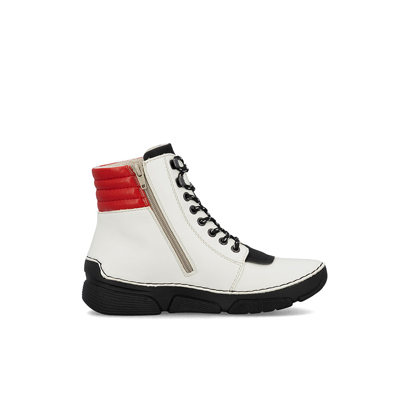 Women's ankle boots in white with black trim, side zip and lace-up front