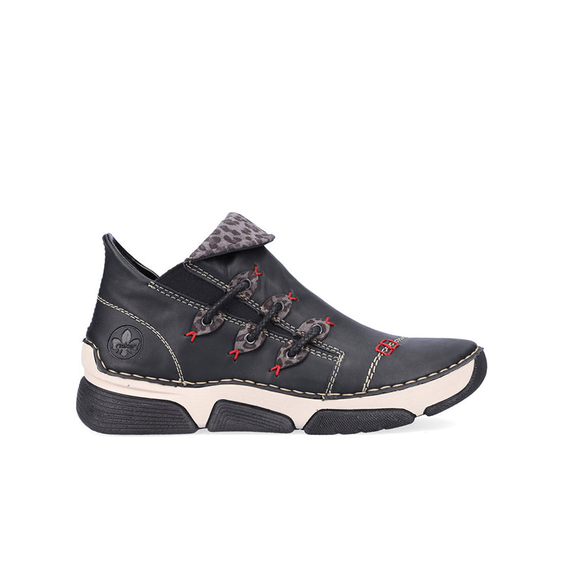 Black ankle boots with lace-up front, contrast stitching, and chunky sole