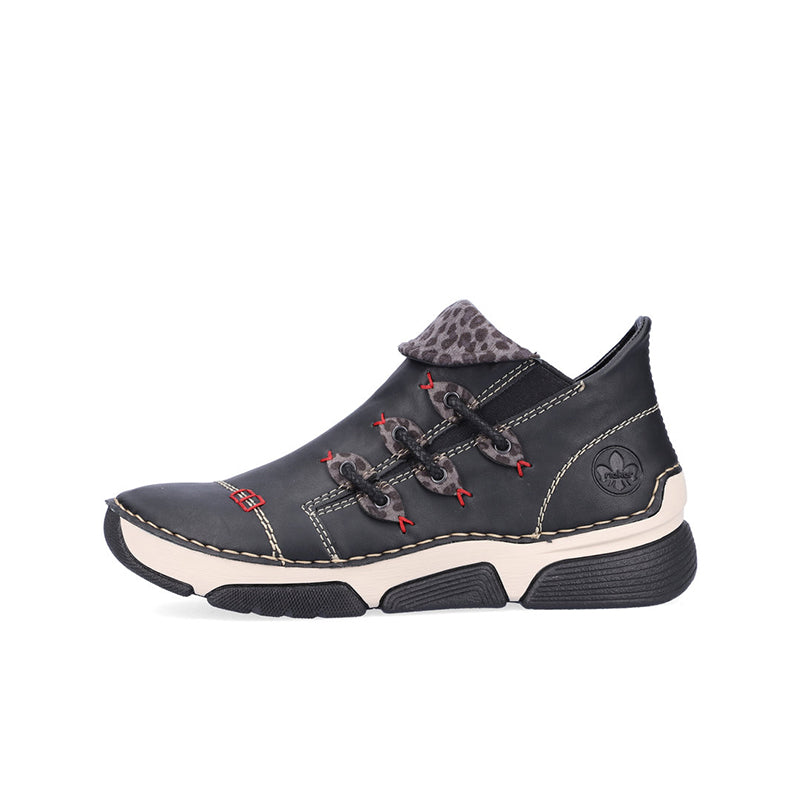 Black lace-up ankle boots with red accents and cushioned midsole