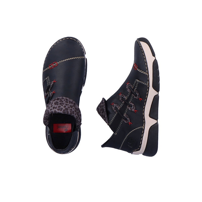 Pair of black lace-up ankle boots showing toe, tongue, and padded collar