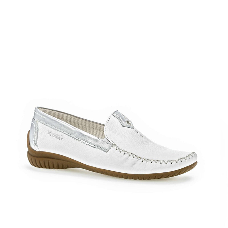Women's silver leather loafer with moc-style stitching and slip-on design