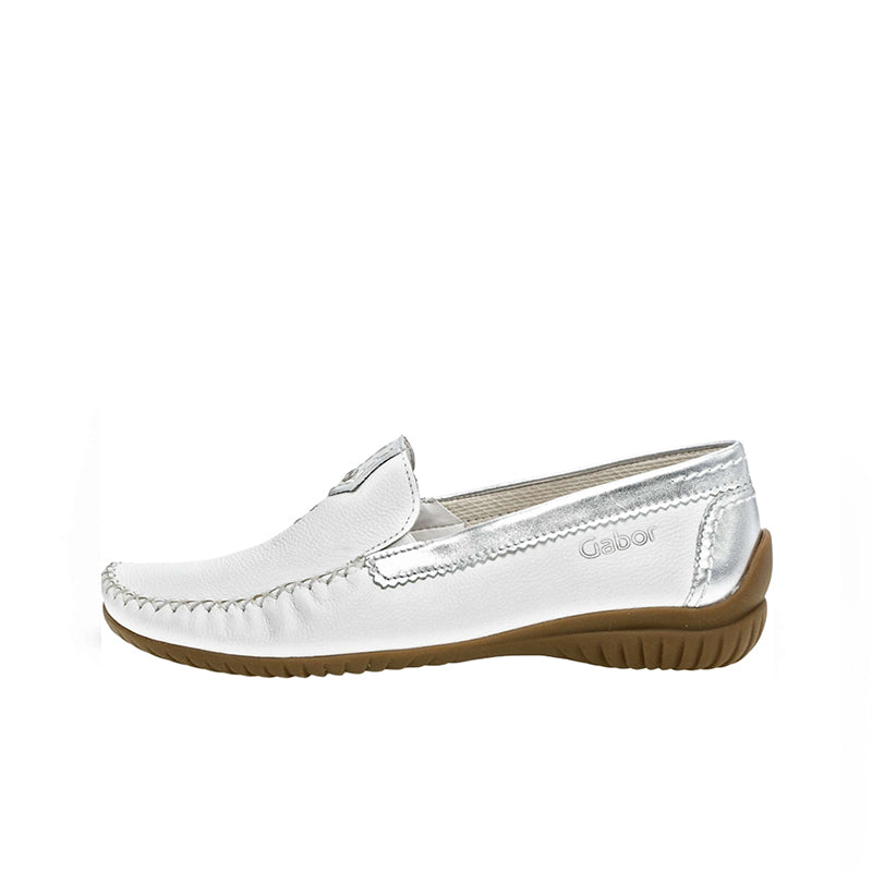 Women's silver leather loafer, side view, slip-on with stitched moc toe