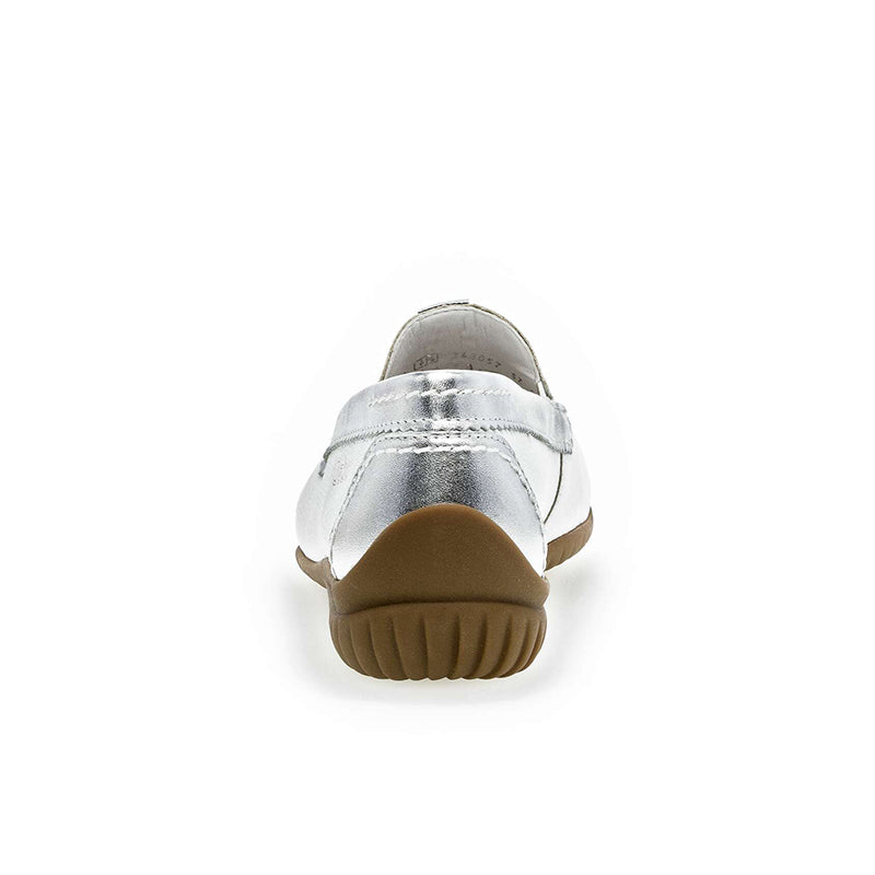 Women's silver leather loafer, back view with heel counter and rubber sole