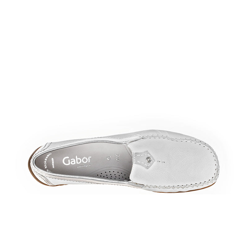 Women's silver leather loafer with brand logo, laces, and perforated insole