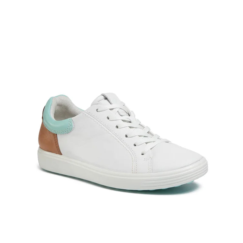 ECCO women¡¯s leather sneakers, white with tan side panel and mint trim