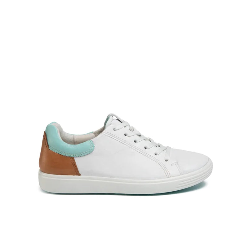 ECCO women¡¯s leather sneakers with white upper, tan panel and mint collar, lace-up