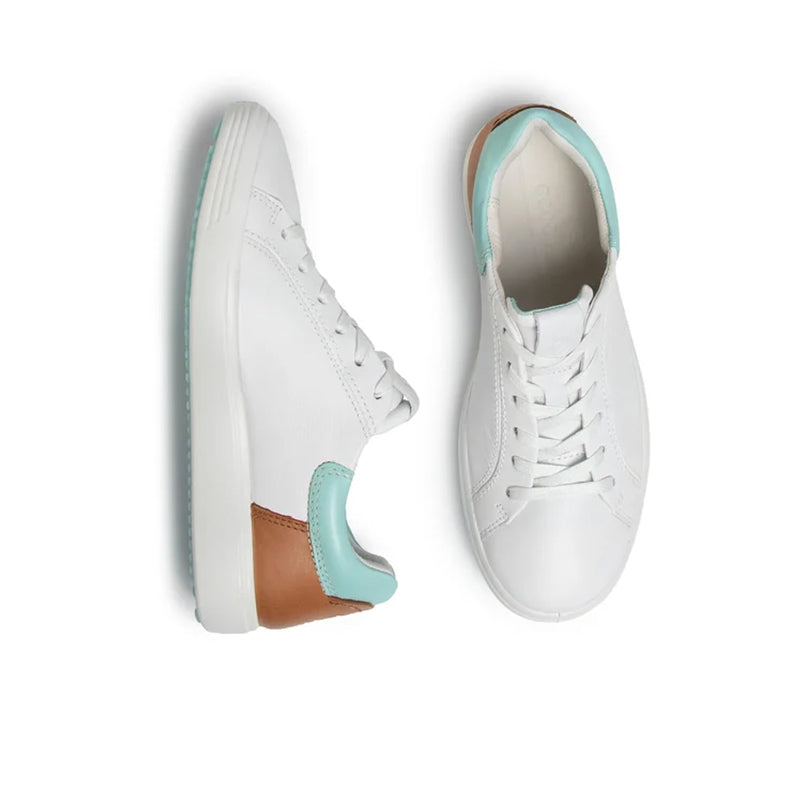 ECCO women¡¯s leather sneakers pair, white uppers with mint collar and tan side
