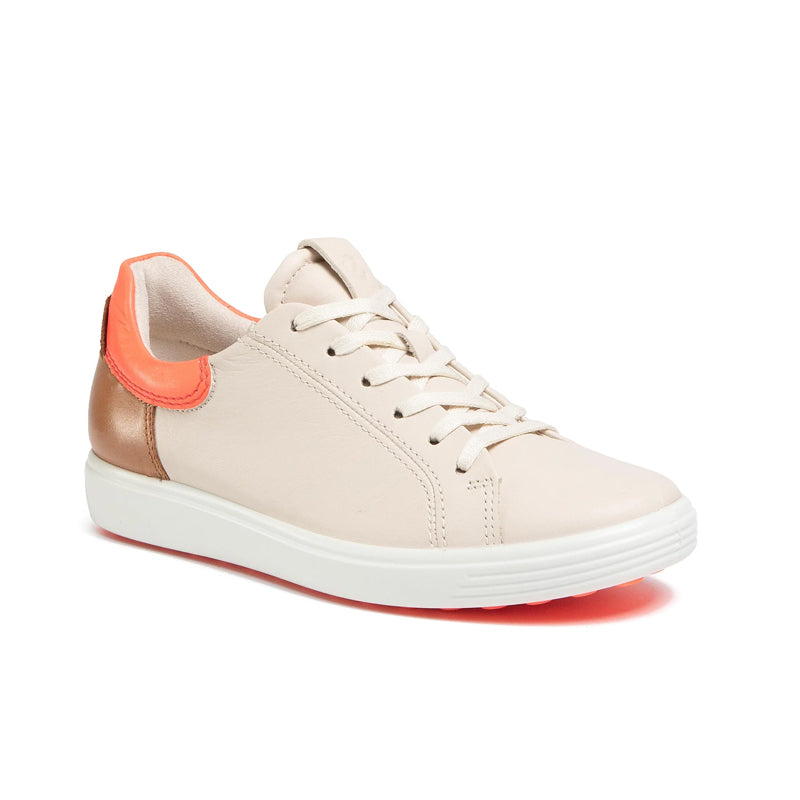 ECCO women¡¯s leather sneakers with beige upper and orange trim, lace-up style