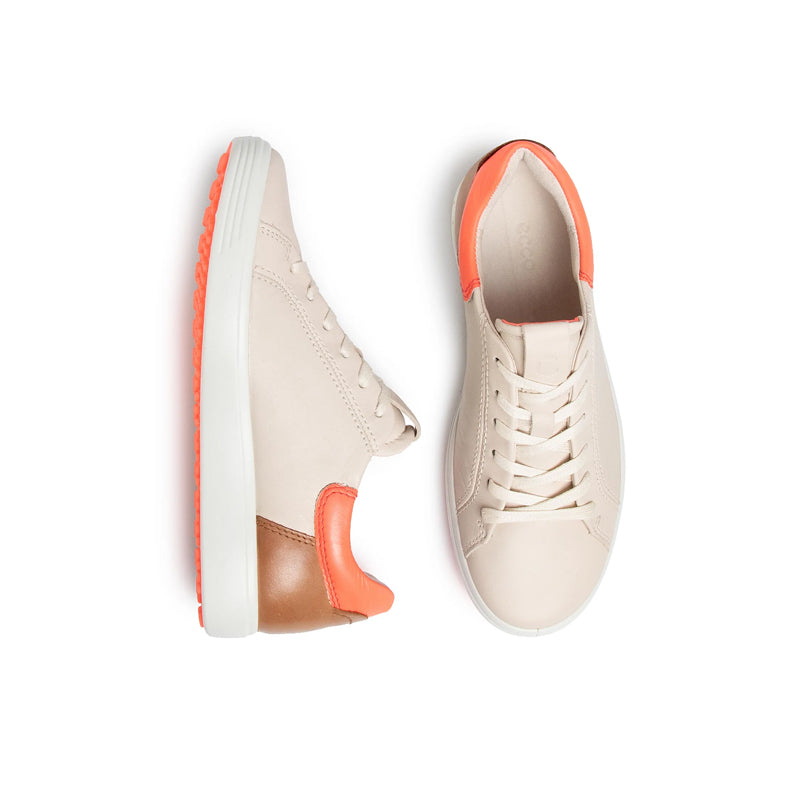 ECCO women¡¯s leather sneakers pair, beige with tan side and orange heel trim