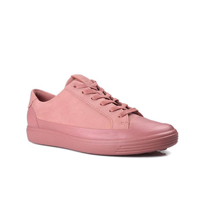 Pink leather women's lace-up sneakers with padded collar and rubber sole