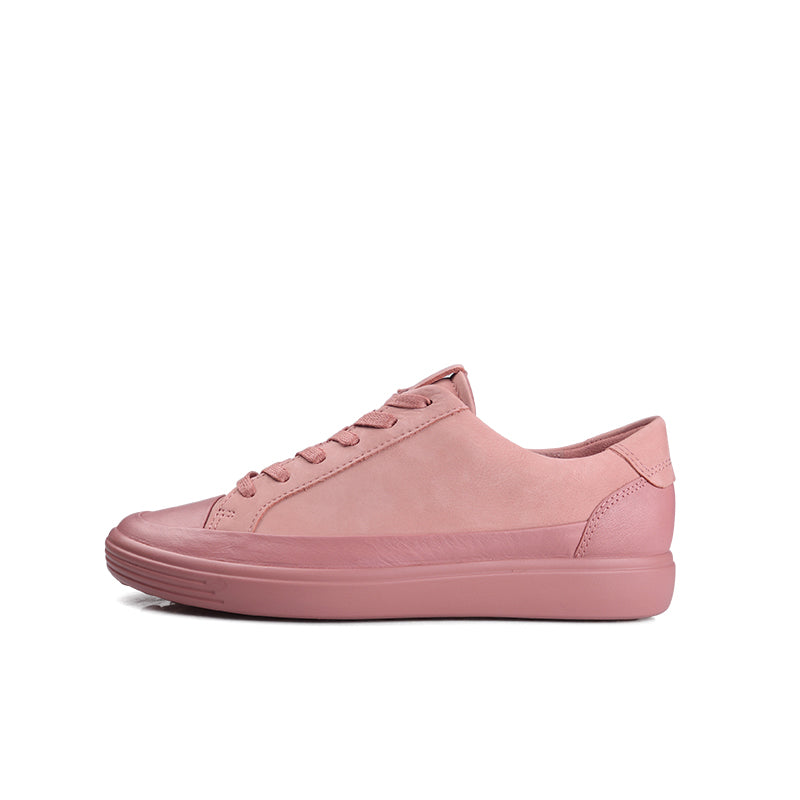 Pink low-top leather lace-up sneaker with side panel stitching and rubber outsole