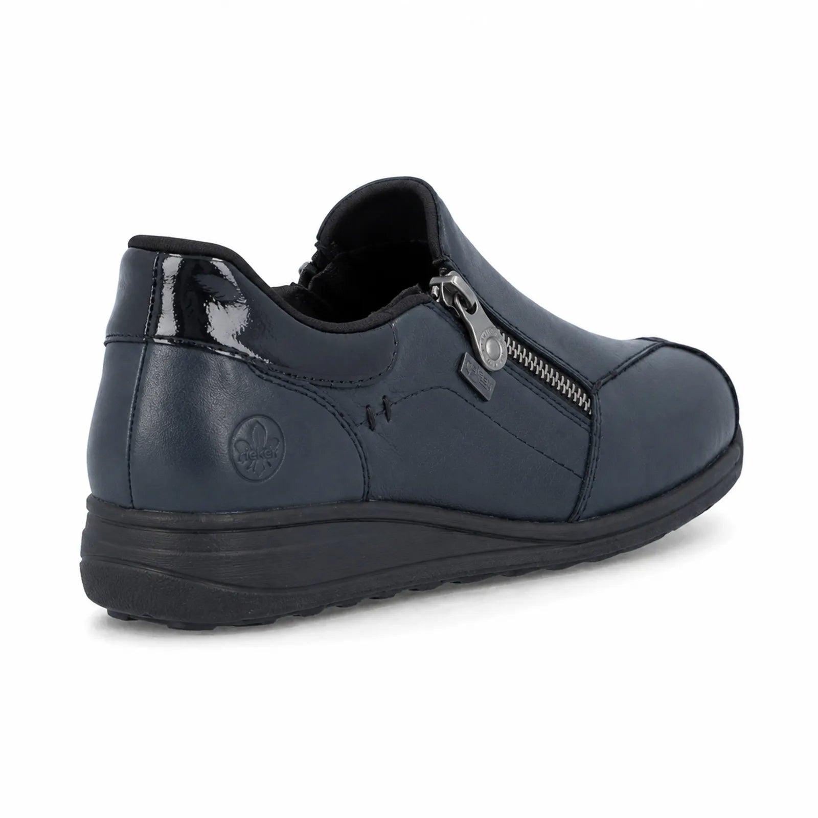 Side angle view of Rieker 47267 women's Navy leather RiekerTEX shoes