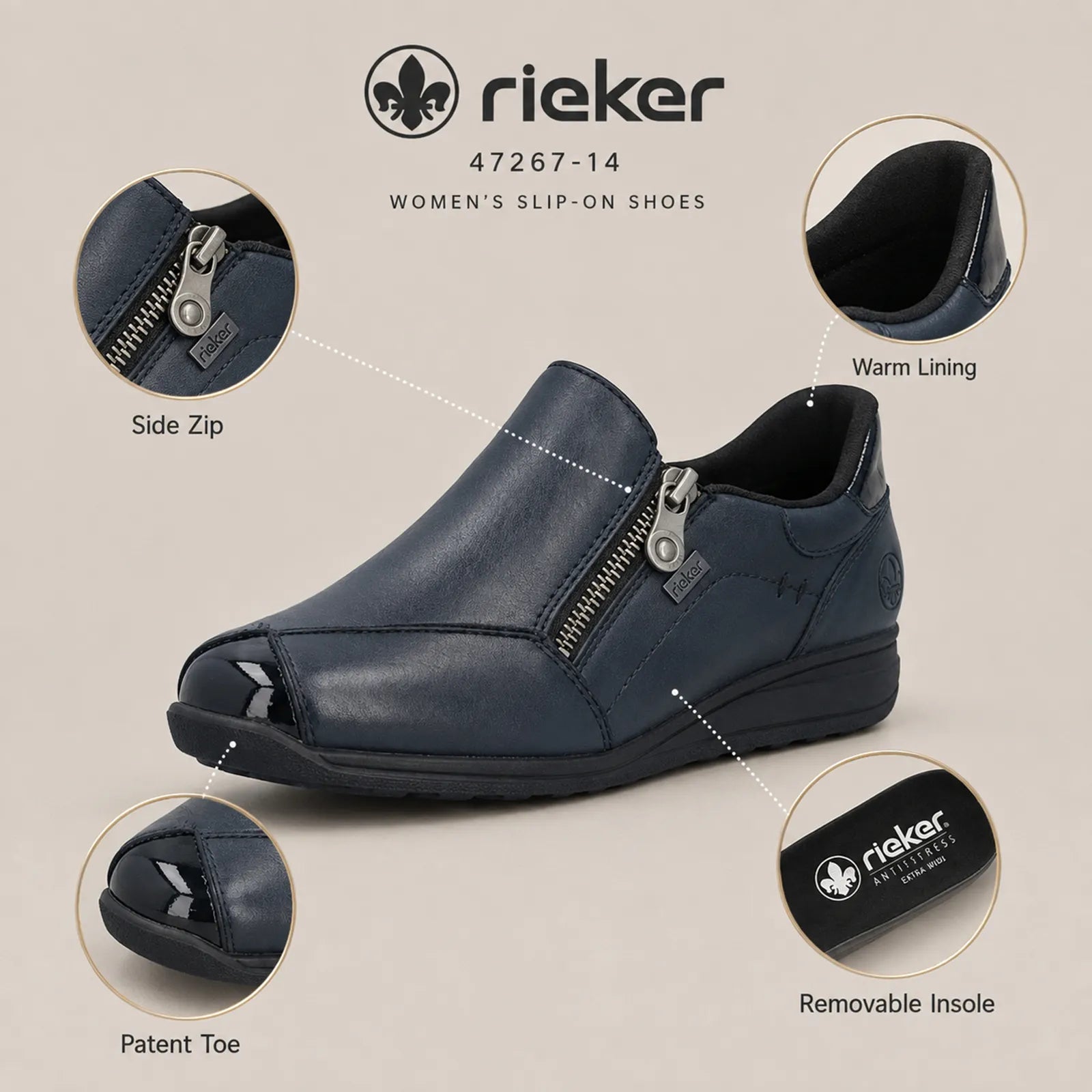 Close-up detail of Rieker 47267 women's Navy side zip, patent trim and grippy sole