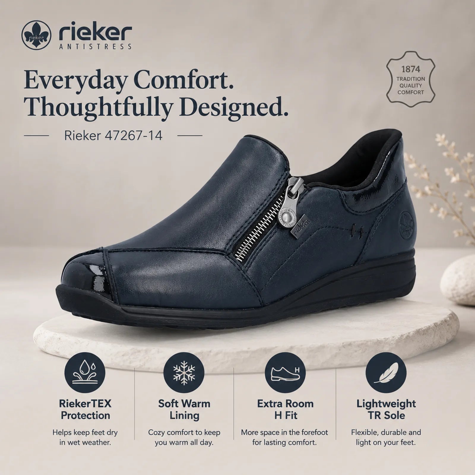 Rieker 47267 women's Navy shoes with RiekerTEX membrane, removable insole and H width fit