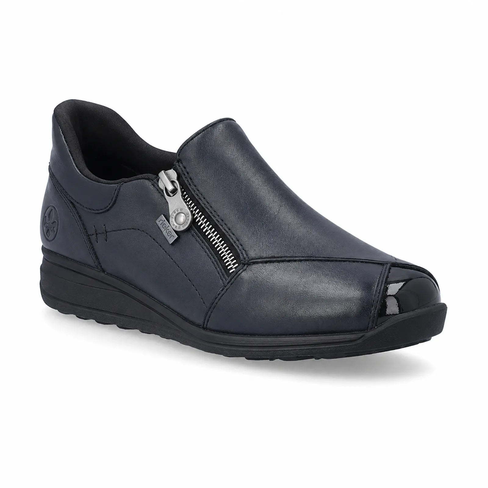 Rieker 47267 women's Navy leather slip on shoes with side zip fastening