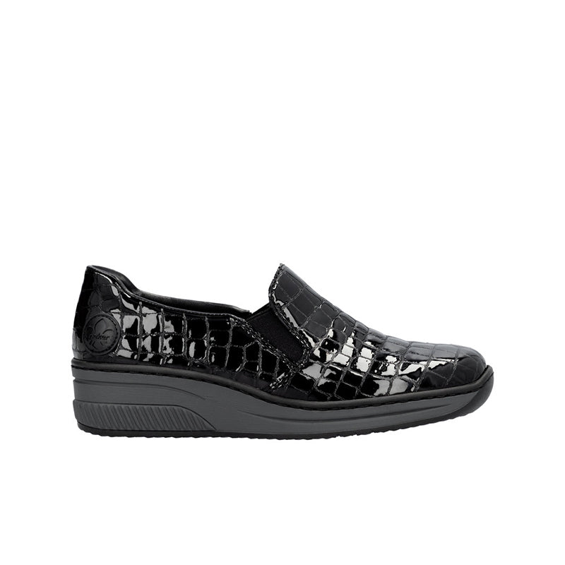 Rieker womens loafers, black glossy croc-pattern slip-on with cushioned wedge sole