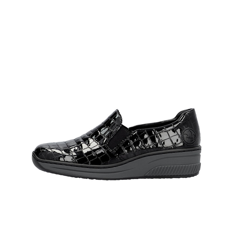 Rieker womens loafers, black patent croc-look slip-on with side gore panel
