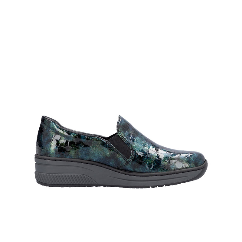 Rieker womens loafers, teal-green blue patterned slip-on with cushioned wedge sole