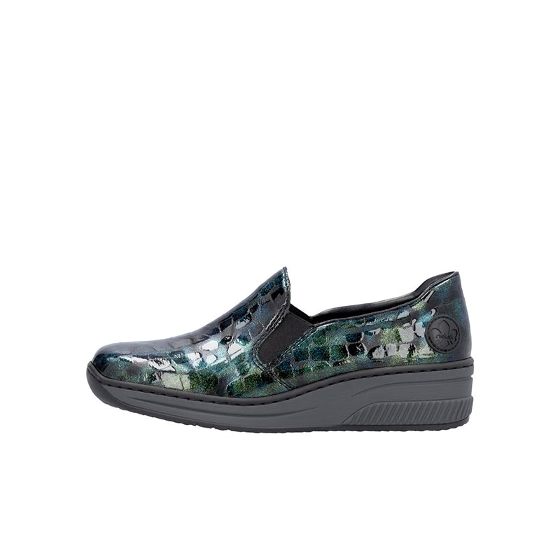 Rieker womens loafers, green blue patterned slip-on with side gore panel