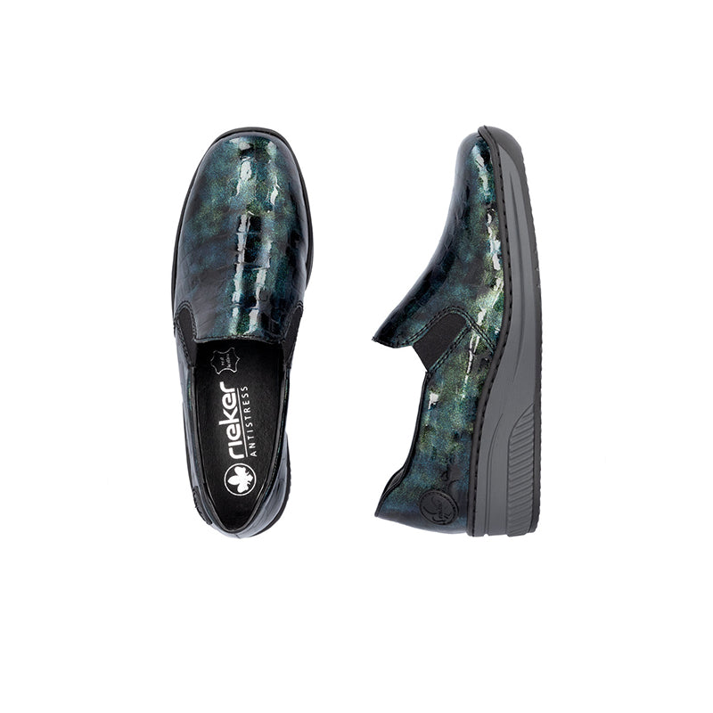 Rieker womens loafers pair, green blue patterned slip-ons with logo on insole