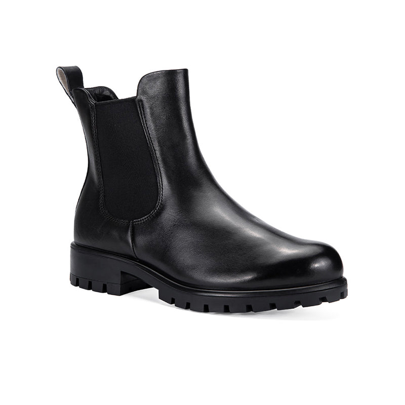 Black leather Chelsea boot with elastic side panels and chunky lug sole