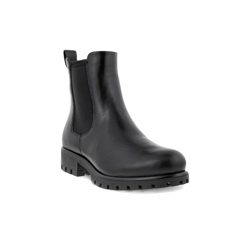 Black leather Chelsea slip-on boots with elastic side panels and chunky tread sole