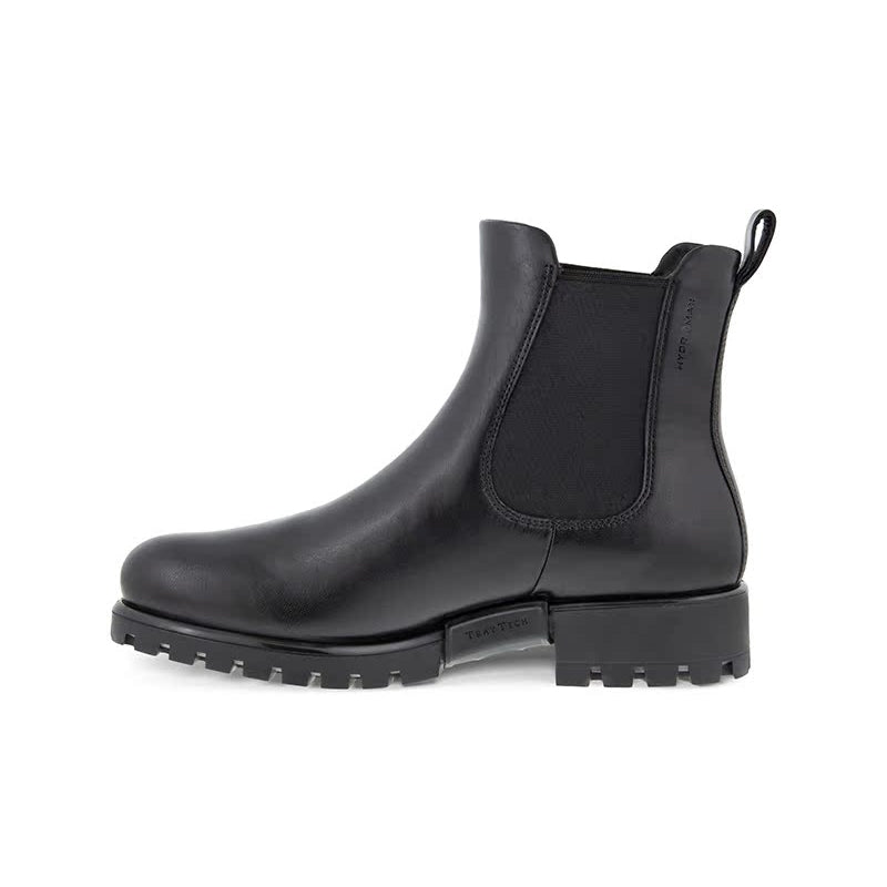 Black leather Chelsea slip-on boots with elastic gusset and block heel