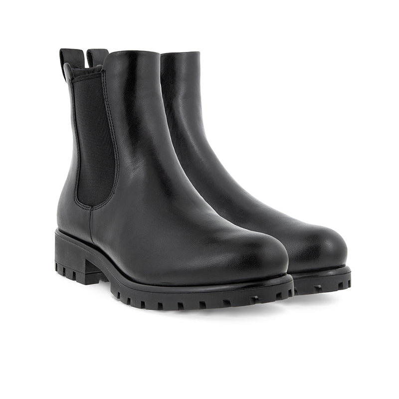 Black leather Chelsea slip-on boots, side view with elastic panels and tread sole