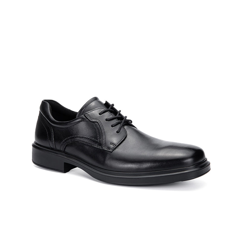 Black leather derby dress shoe with lace-up closure and low block heel, side view.